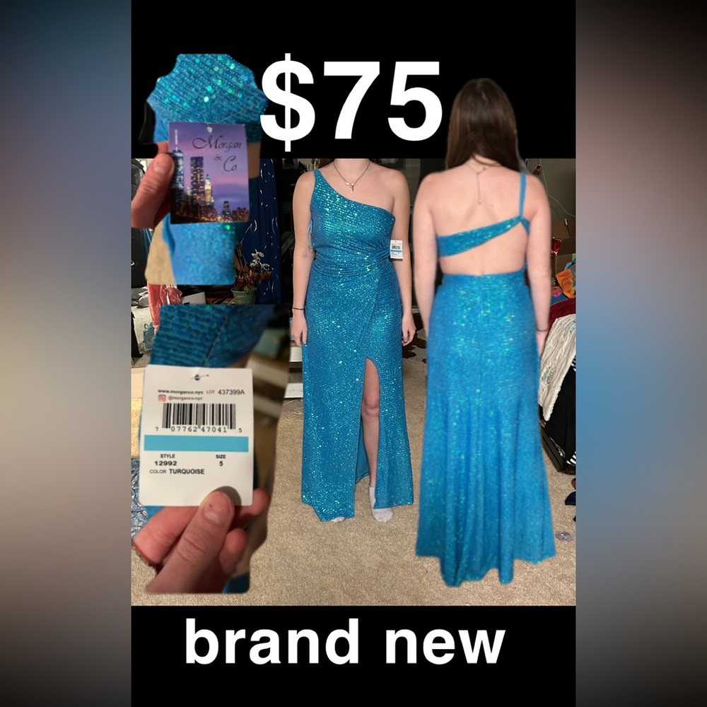 Long turquoise Morgan & Co sparkly prom dress
